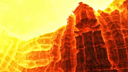 3d illustration, wallpaper in the form of fantastic burning mountainsides, slopes of a volcano with...