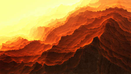 3d illustration, wallpaper in the form of fantastic burning mountainsides, slopes of a volcano with burning lavaの写真素材