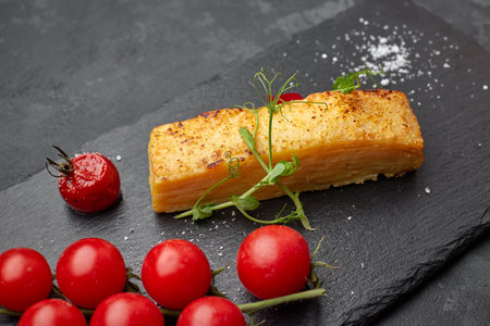 Dauphinua potato gratin with cherry tomatoes on a black stone