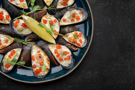 Baked mussels with cheese, salmon, lemon and herbs on a dark backgroundの写真素材