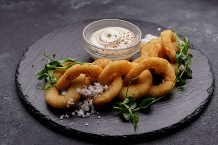 Fried onion rings in batter with sauce on stoneの写真素材