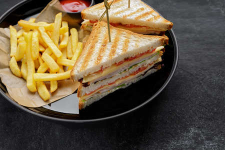 Sandwiches with ham, tomato and cheese and french fries, with space for text on a dark background