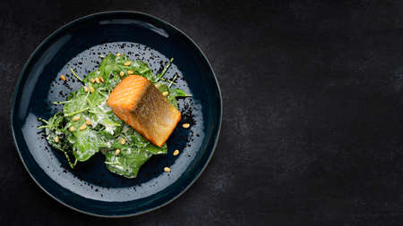Grilled salmon fillet with herbs and nuts, on a plate, on a dark background. Place for text