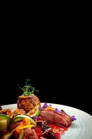 duck breast with cheese, apple and caramelized beets