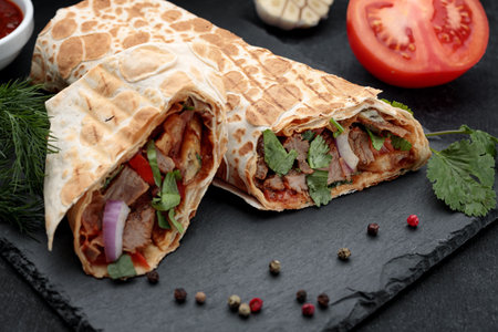 Shawarma with veal, with sauce and dill in the background, on a black background