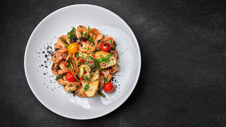 Fried shrimp with toast and tomatoes, on a plateの写真素材