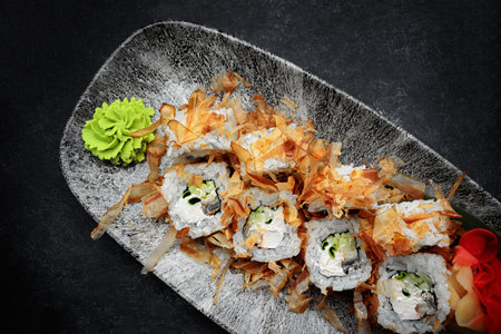 Sushi roll Bonito on a dark background