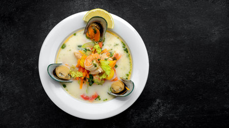Creamy fish soup with salmon and seafood on a dark background