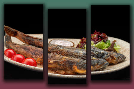 Fried fish bull on dark. Triptych on a colored background