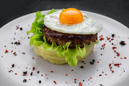 Beefsteak with egg, lettuce, spices and mashed potatoes on a dark backgroundの写真素材