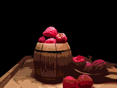 Raspberries, on a wooden board, on a black background. studio light. illustration