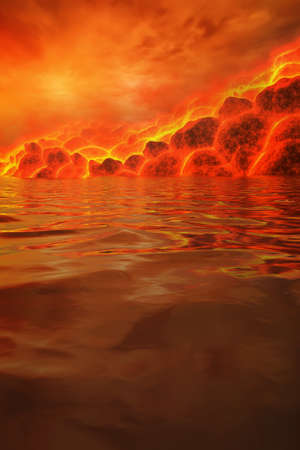 Fantasy volcano slope, eruption, with molten rocks and reflections in the water. Illustration