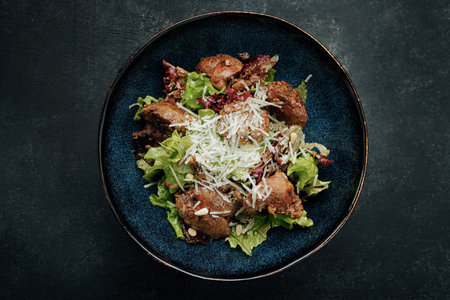 Warm salad with liver and cheese, on a plate, artistic processingの写真素材