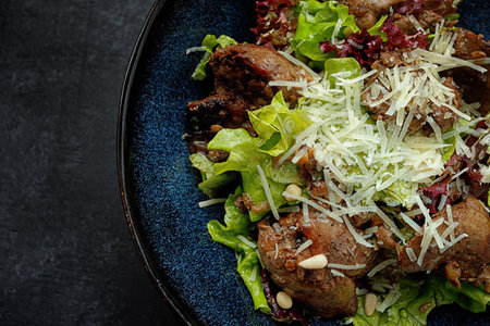 Warm salad with liver and cheese, on a plate, artistic processingの写真素材