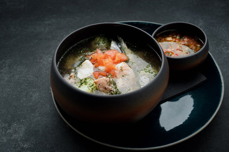 Salmon fish soup with spicy vegetable sauce, on a dark background