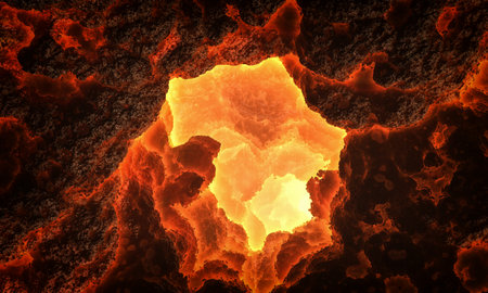 Fantastic volcano cave on fire, cave entrance. 3d Illustration