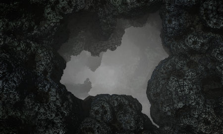 A fantastic entrance to a rock cave in the fog. 3d illustrationの写真素材