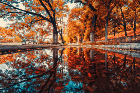 Reflection of autumn trees, sky and street in a puddle. Illustrationの写真素材
