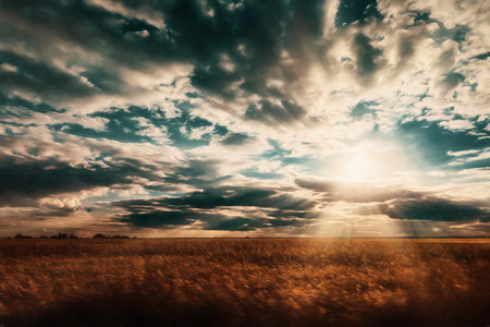 Sunset over the field with sun rays. Artistic processing. Illustrationの写真素材