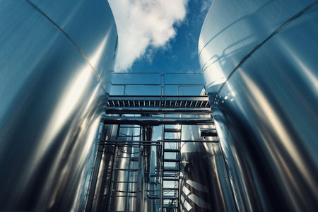 Large metal chrome-plated tanks for liquid, winemaking. outdoorの写真素材