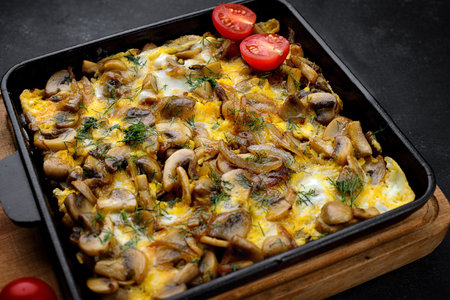 Omelet with mushrooms, onions and dill, in a frying pan, on gray concreteの写真素材