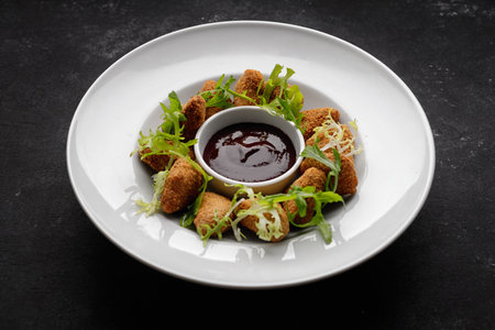 Cheese nuggets with sauce on a plate, on a dark background