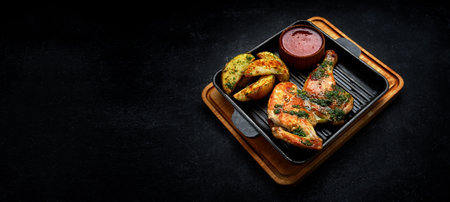 Fried half chicken with fried potatoes and spicy sauce, on a frying pan, wooden board, and dark...