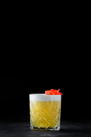 Mango delight whiskey cocktail in an old-fashioned glass on dark concreteの写真素材