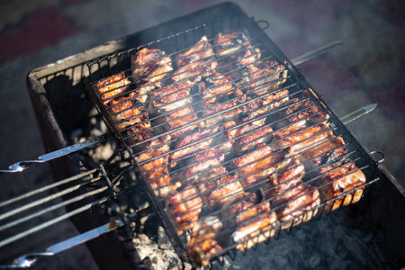 Fried kebab on a homemade grill, with smoke, with a shallow depth of field