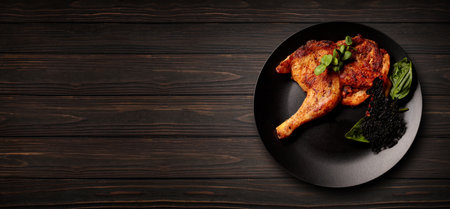 Half of a roasted chicken, on a black plate, on a wooden backgroundの写真素材