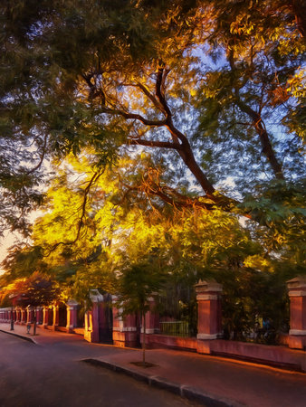 Empty city street in daytime, with autumn yellow trees. Illustrationの写真素材