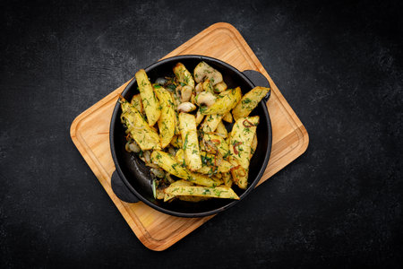 Fried potatoes with mushrooms, onions and dill in a panの写真素材