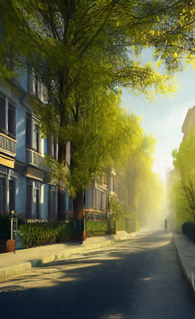 An empty street of a provincial town with green trees and a bridge. Illustrationの写真素材