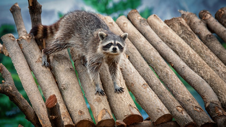 A raccoon standing on a wooden roof, with a blurred backgroundの写真素材