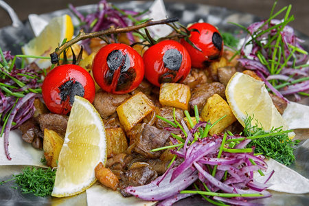 Close-Up of Slow-Cooked Meat with Mushrooms and Potatoes, Grilled Tomatoes, and Zesty Herbs and Lemonの写真素材
