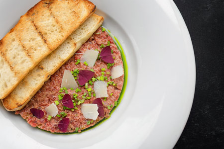 Meat tartar, with spring onions, and bread toast, on a plate, on a dark backgroundの写真素材