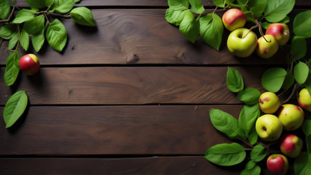 apples on a wooden board are laid out along the edge with green leaves. Blank for advertising. Generative AIの素材