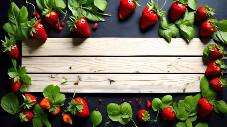 Juicy Red Strawberries with Fresh Green Leaves on Wooden Board. Generative AIの素材