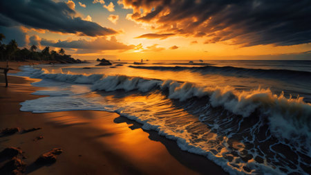Palm Trees and Waves on the Ocean Beach at Sunset. Generative AIの素材