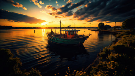 Beautiful Coastal Sunset with Boat and Wildflowers. Generative AIの素材