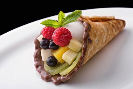 Tropic Colorful and Flavorful Fruit and Mint Ice Cream in a Coneal Cone with Kiwi, Banana, and Pineappleの写真素材