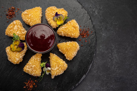 golden cheese nuggets on slate with sweet sauceの写真素材