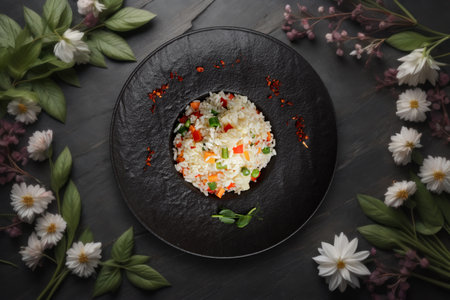 Risotto with vegetables and spices on a black plate, on a black backgroundの写真素材