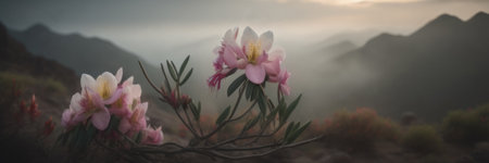 soft-focused pink flowers on a mysterious mountain engulfed in mist. Illustrationの写真素材