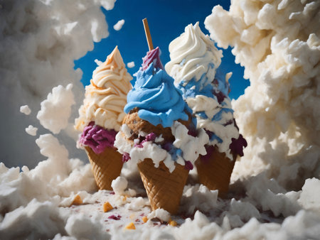 delightful ice cream cone with cotton candy backdrop, white clouds and blue sky. Illustration