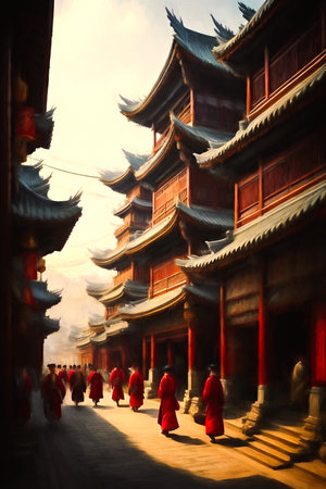traditional chinese street showcasing architectural beauty and cultural heritage. Illustrationの写真素材