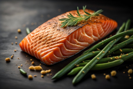 Salmon steak with asparagus on a black background, illustrationの写真素材