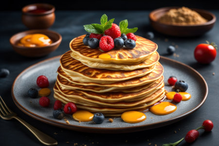 Fried pancakes with topping and berries on a dark background close-up, illustrationの写真素材
