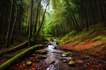 Forest stream flows through a dense green forest. Illustrationの写真素材