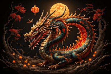 Chinese dragon in warm colors. Autumn. dark background. Generative AIの素材